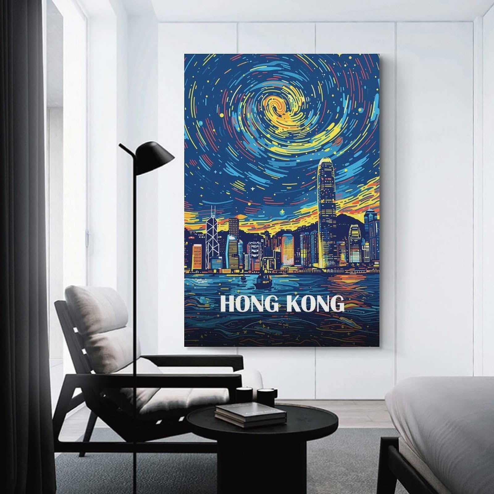 Junmoney Wall Picture Print Hong Kong Cityscape Night Art, 24x36inch(60x90cm), for Entryway, Lounge Links Or Small Walls, Home Artwork for First Impressions