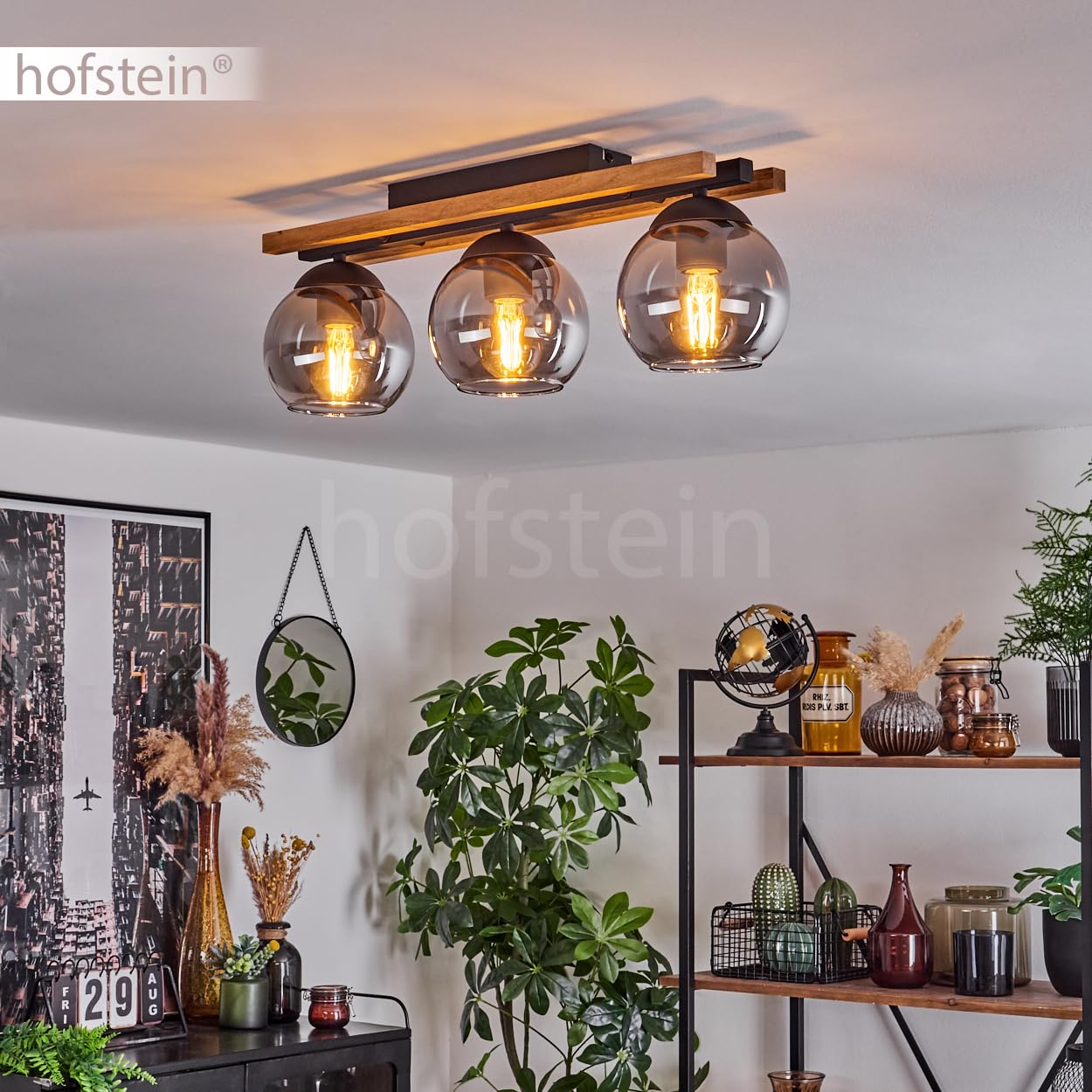 HOFSTEIN Deckenleuchte Podre, Deckenlampe aus Holz/Metall/Glas in Natur/Schwarz/Rauch, Leuchte im Retro/Vintage-Design mit Holzbalken, 3 x E27, Schlafzimmer, Wohnzimmer, Küche, Esszimmer