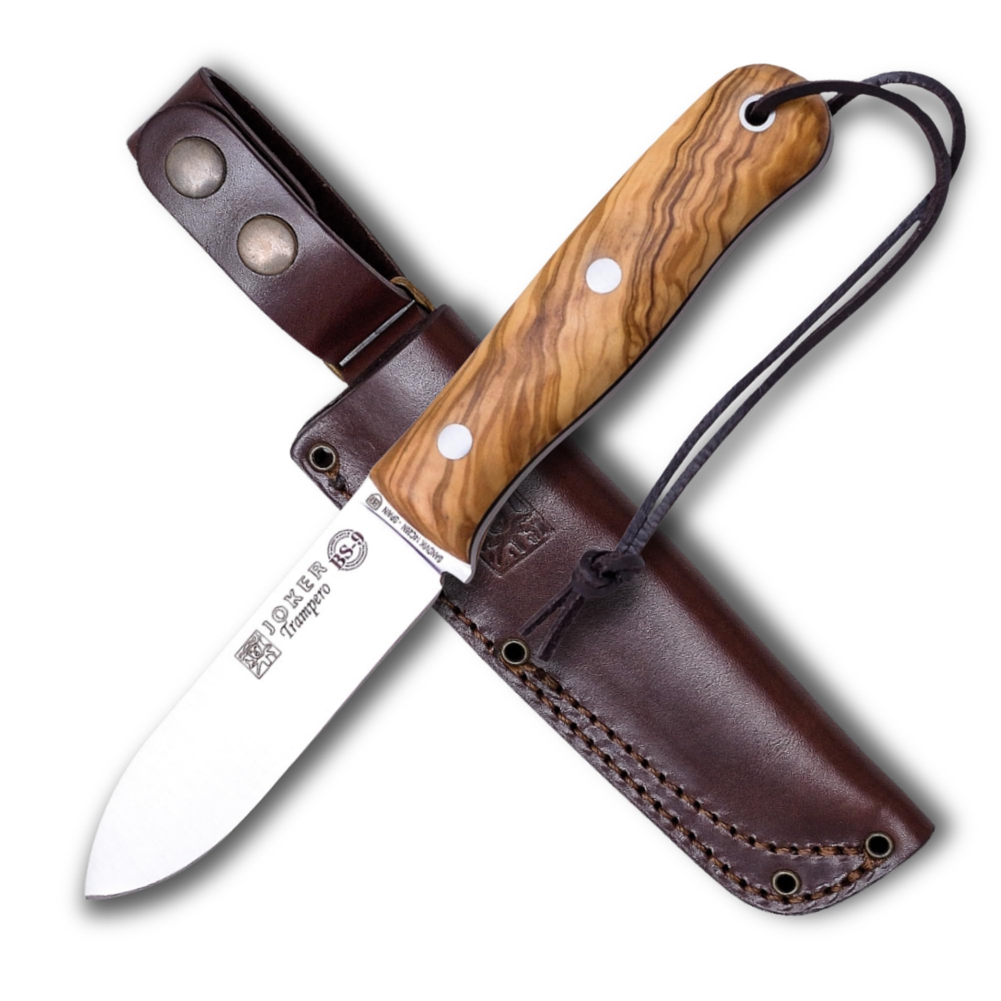 joker Coltello da caccia CO113 con mango Legno di ulivo e lama in acciaio 10 Sandvik 14c28n cm, 155 grammi, include custodia in pelle per attività di Pesca, l'Escursionismo, Il Campeggio