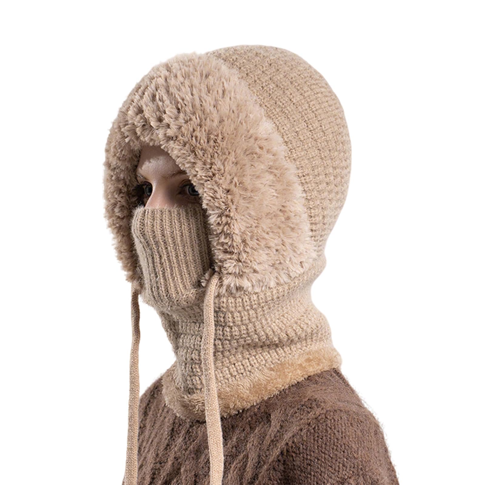 YSINOBEAR 3 in 1 Beanie Hat for Women, Sherpa Hood Ski Mask, 3 in 1 Beanie Hat with Scarf and Mask,Fall Winter Warm Knitted Windproof Balaclava Scarf,Women's Outdoors Windproof Scarf Hat (Khaki)