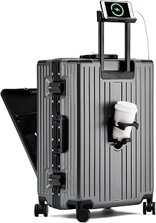 Aluminum Frame Carry On Luggage with Front Compartment, TSA Lock, USB Port, Cup Holder & Phone Holder, Hard Case Luggage Airline Approved Suitcase with Spinner Wheels (Grey, 20 inch)