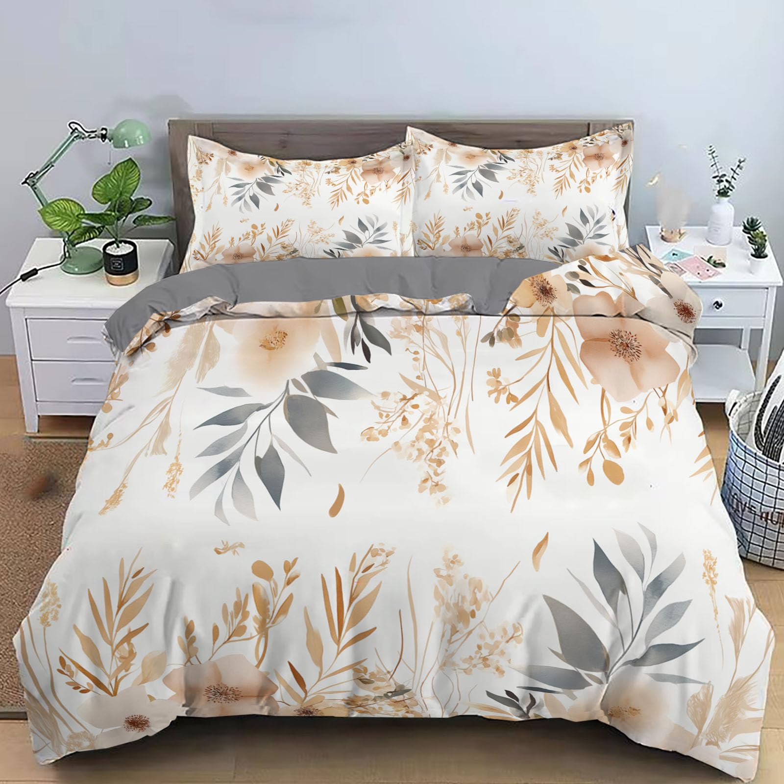 Parure housse couette en microfibre 260x240cm beige adulte imprimé botanique