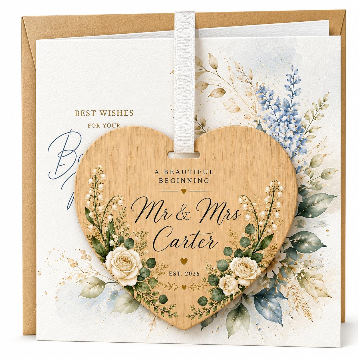 Floral Wedding Cards For Bride And Groom, 3 Piece Congratulations Card Set With Envelope And Wooden Heart Plaque, Mr And Mrs Keepsake Wedding Gifts, Thoughtful Present For Newlyweds