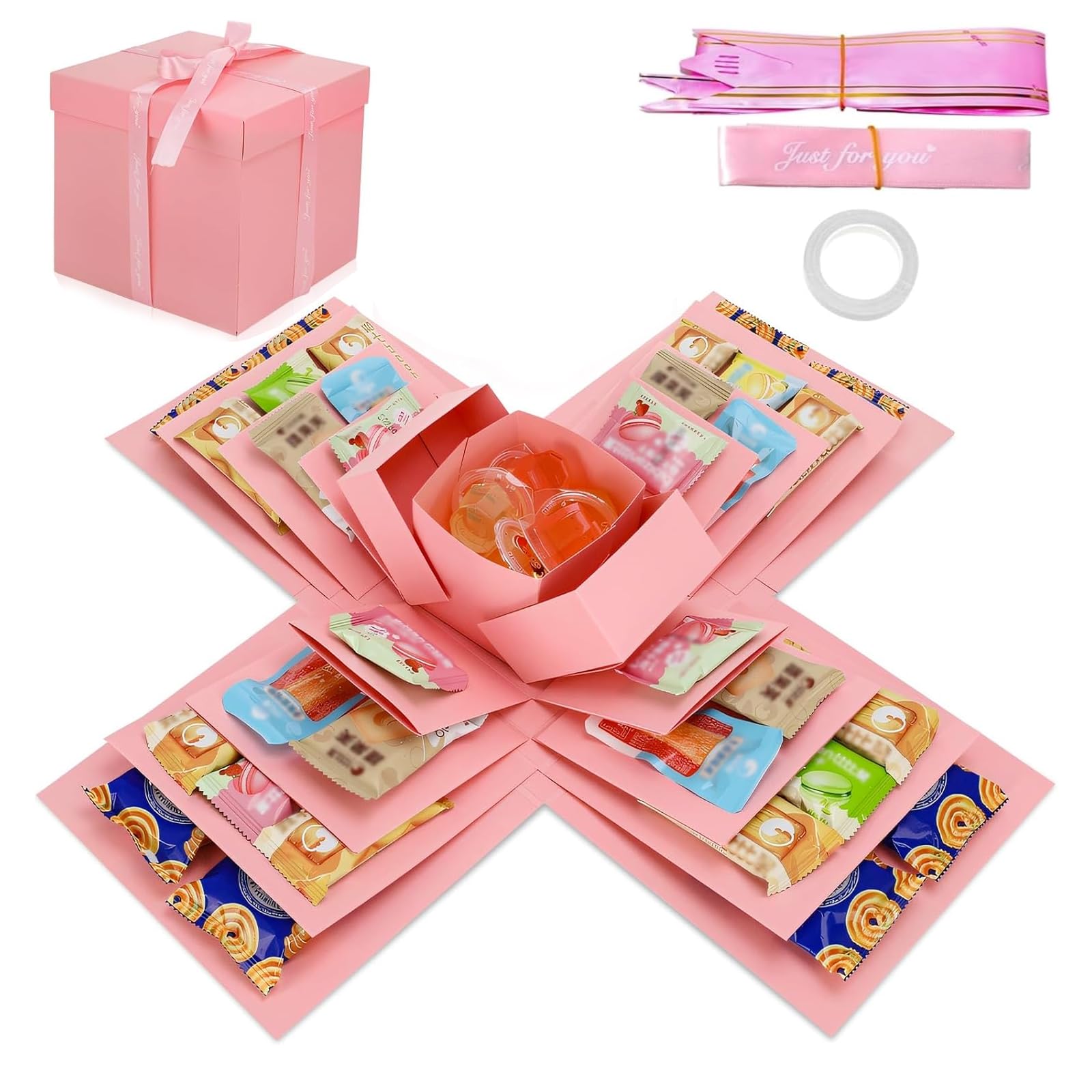 Pink DIY Explosion Gift Box, 5 Layer Surprise Box for Anniversary, Birthday, Diy Gift Box with Tapes, Creative Explosion Box Container for Memories, Personalised Gift Boxes