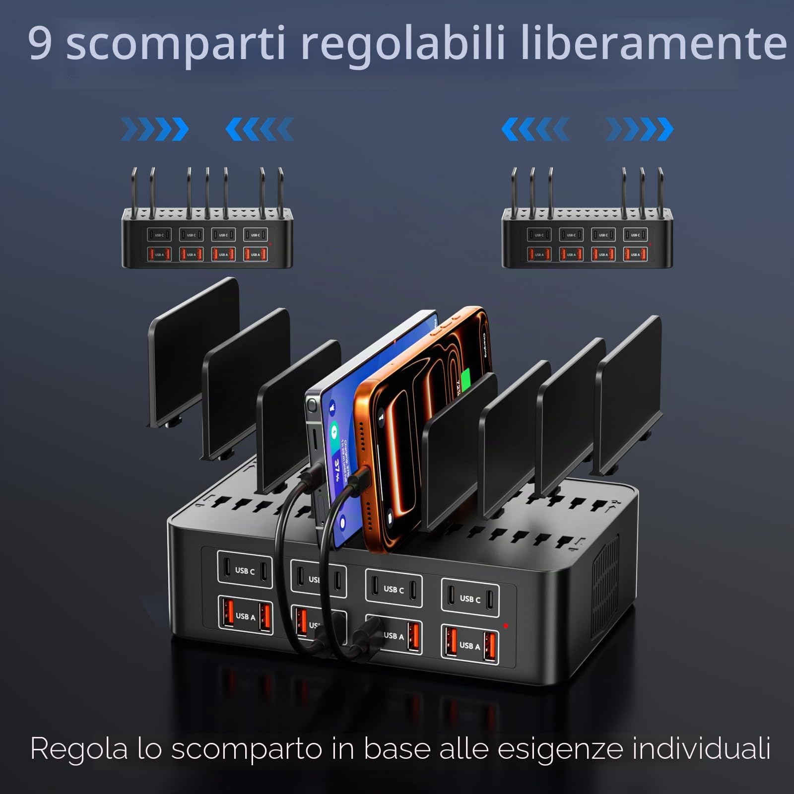 Stazione di ricarica USB, 16 porte 150W, con separatore rimovibile, hub di alimentazione USBC, compatibile con iPhone 16/15, Samsung Galaxy S25/S24, Google/Tablet/altri dispositivi USB