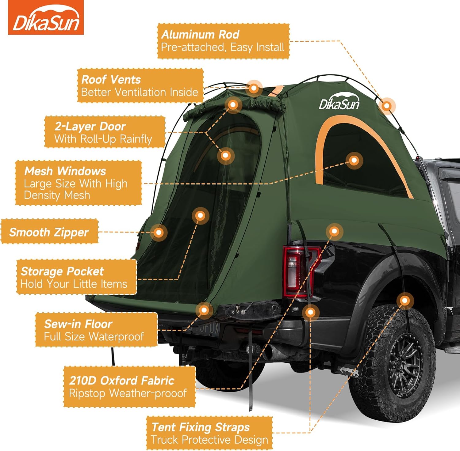 Truck Bed Tent, Double Layer Pickup Tent Bed, Waterproof PU3000mm, Truck Tent for Camping(Orange-Grey)