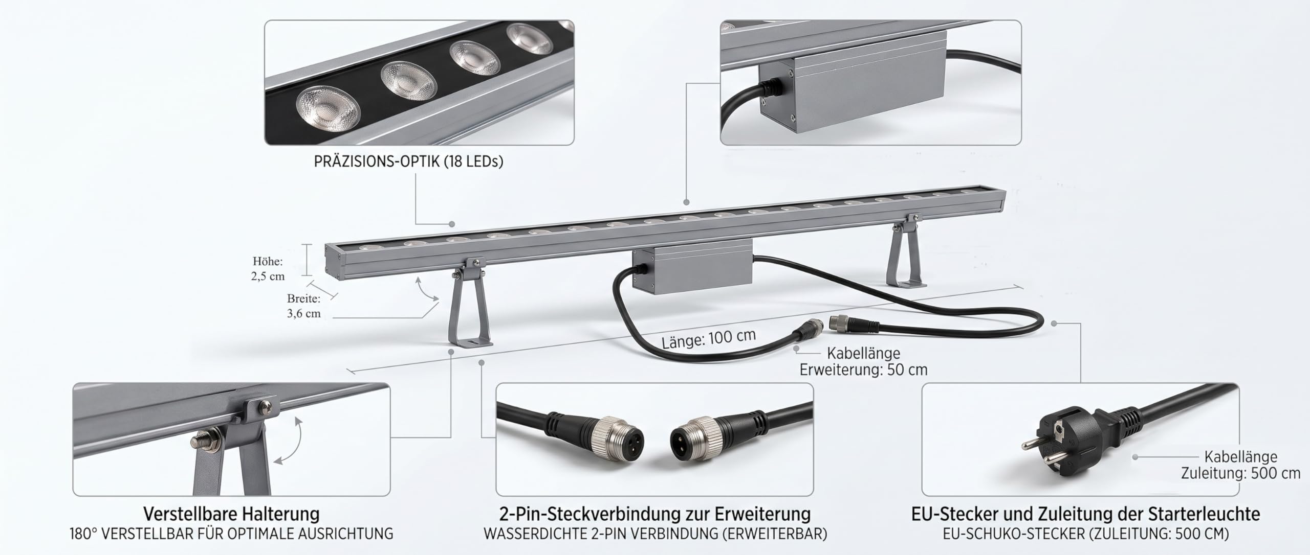 Arnusa LED Wallwasher 100 cm mit Stecker, 18 W warmweiß 3000 K, IP65 Outdoor Wandstrahler aus Aluminium, erweiterbare Fassadenbeleuchtung für Mauer, Zaun, Garten & Terrasse