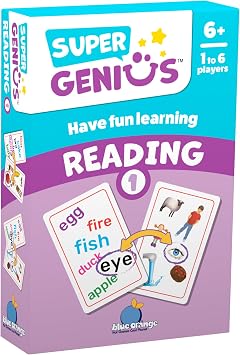 Blue Orange Super Genius Reading 1 - Tabletop Card Game, Fun Flash Card Concentration Matching Game for Kids, Ages 6+, 1-6 Players, Teacher Approved, Build Your Vocabulary Games