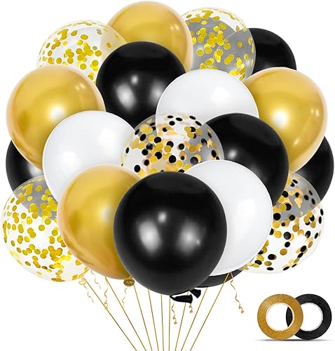 68 globos de oro blanco y negro con globos de confeti de oro negro de 12 pulgadas para decoraciones de graduación, cumpleaños, bodas, fiestas