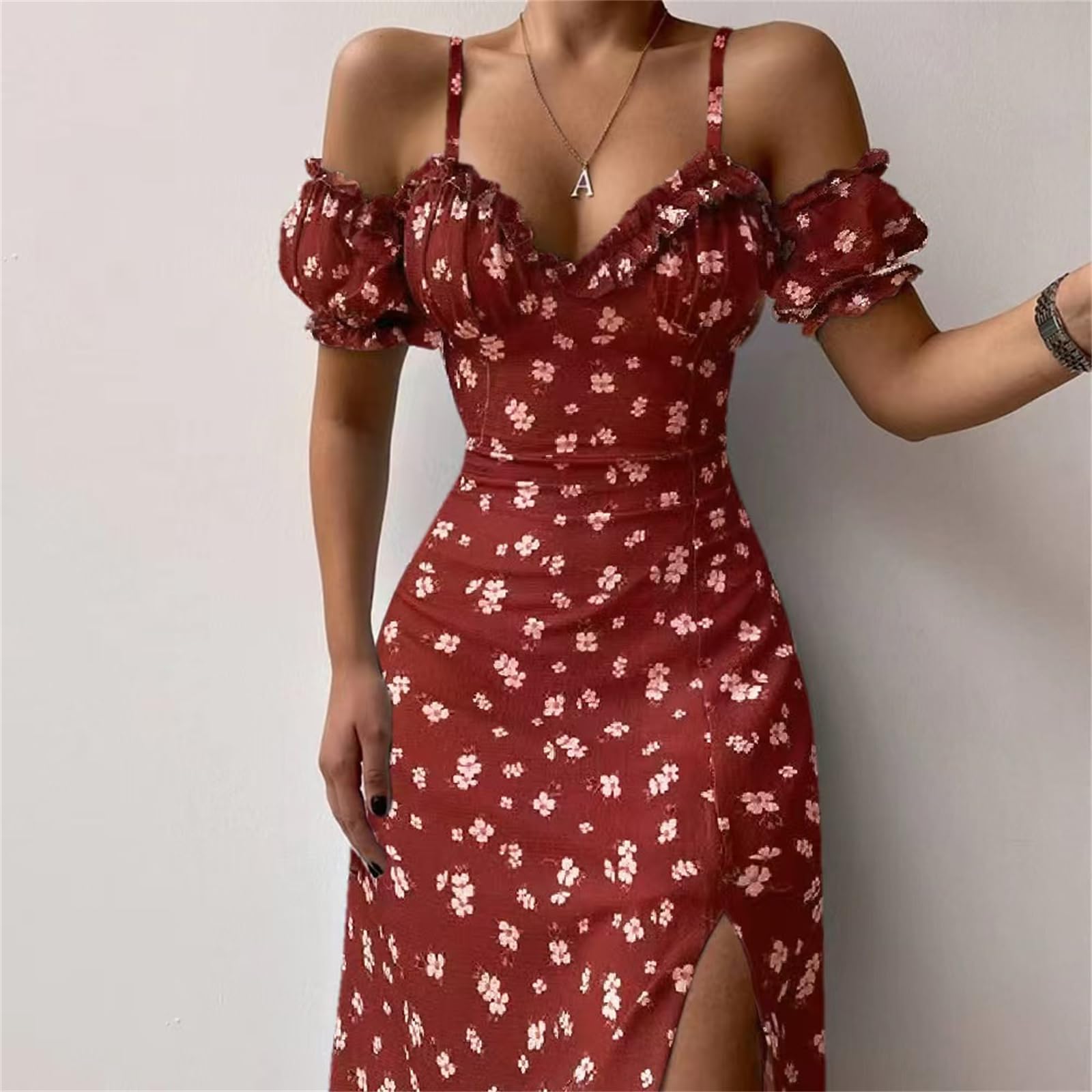 Elegante Estampado Casual de Verano Vestido Dividido Hombro a Hombro Vestido Midi de Manga Corta para Mujeres, Adecuado para Fiestas de Clubes de Vacaciones, HUTALIM, Azul claro, m