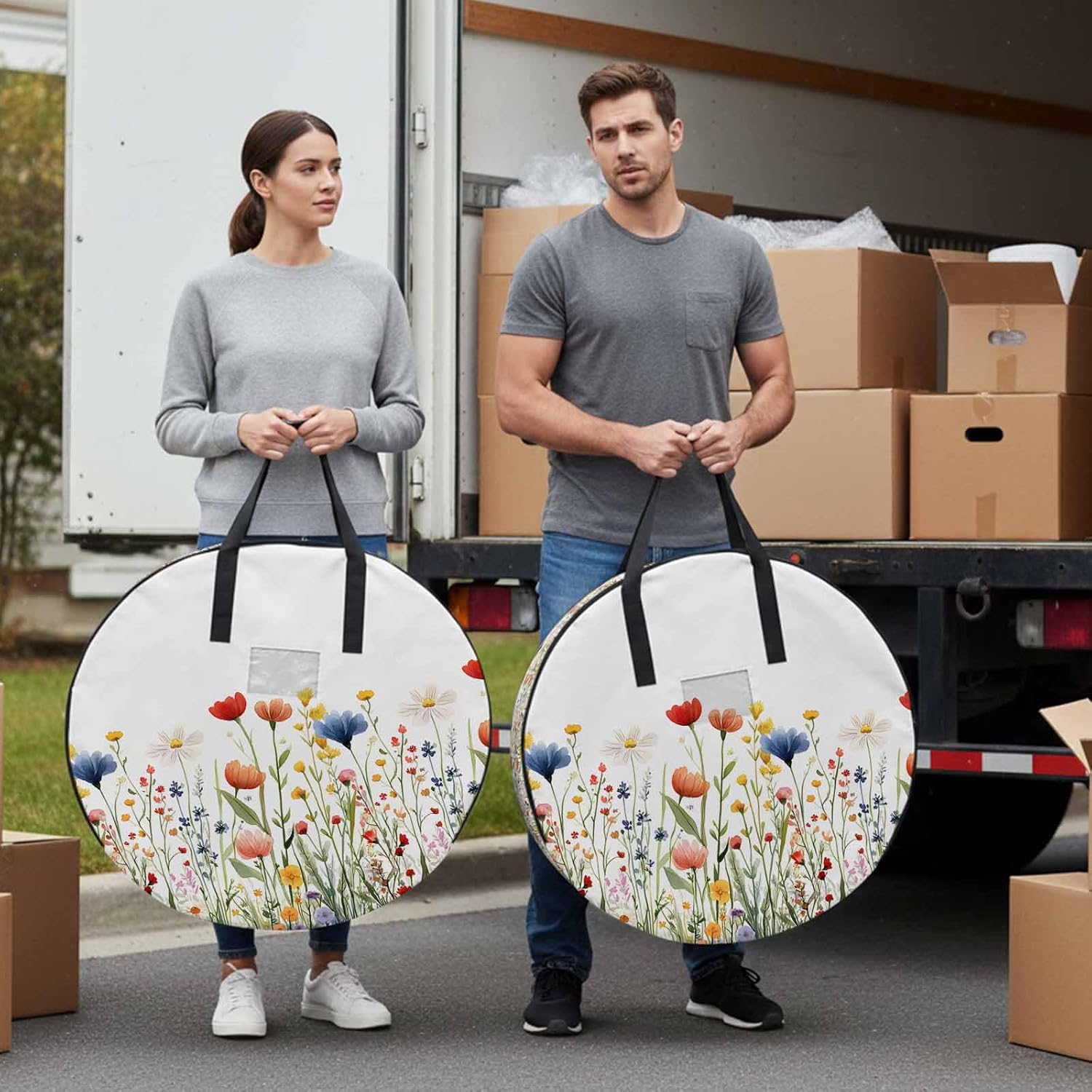 Wildflower Floral Round Storage Bag 36 Inch, Watercolor Spring Flowers Leaves Rustic Clothes Storage Container with Handles Heavy Duty Organizer for Comforter, Bedding & Holiday Wreaths