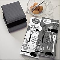 Vista 2 de Juego de toallas de cocina – 5 paños de cocina de algodón a juego gris, negro, blanco estampado y sólidos con un clip blanco para toallas