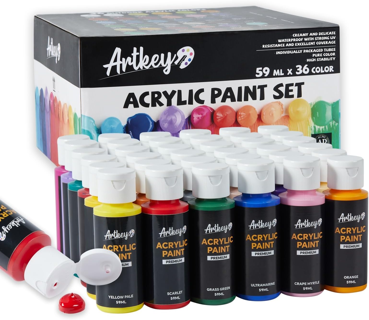 Artkey Acrylic Paint Set - 36 Colors 2 oz/59 ml Acrylic Paints Professional Artists Painting Kit for Canvases Fabric Rock Leather Easter Egg Wood Ceramic Glass Art Craft Painting