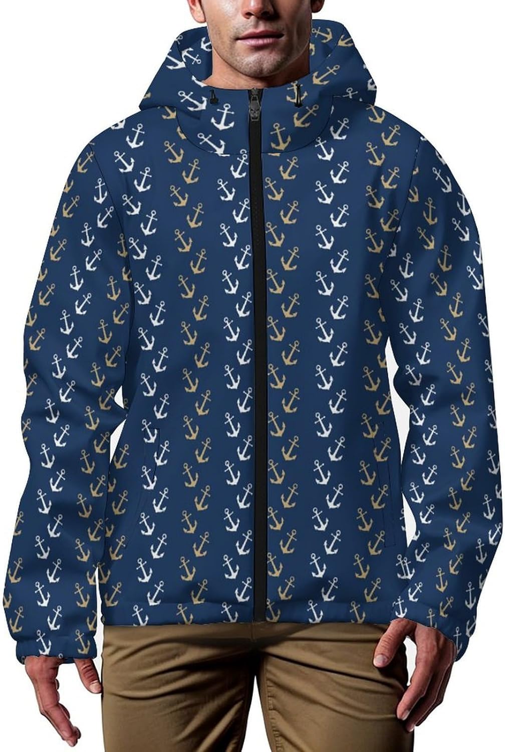 Nautical Navy White Anchor Stripe Men's Windbreaker Jacket Lightweight Hooded Windbreaker Coat with Pockets