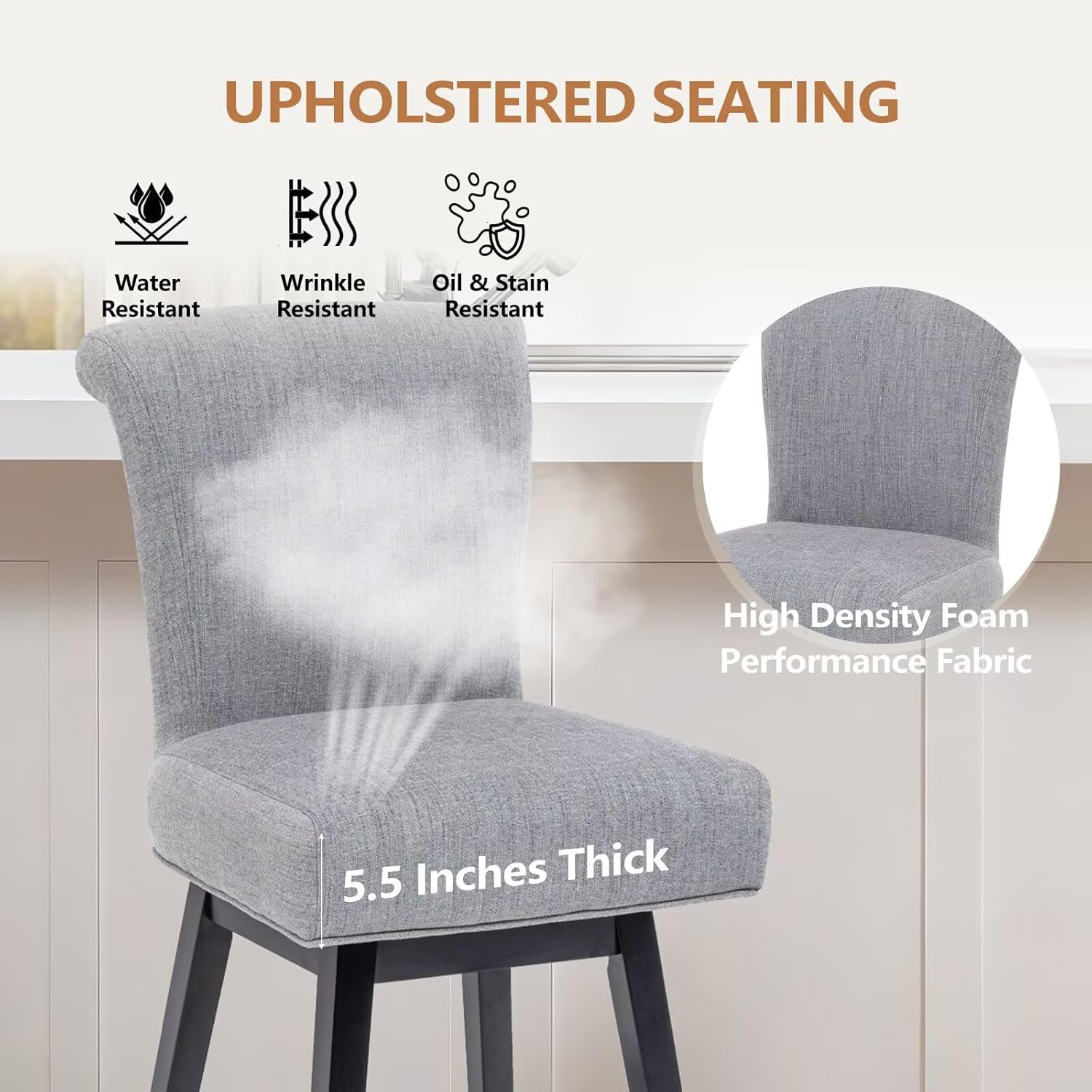 26" Swivel Bar Stool, Upholstered Counter Height Barstools with 15.7" High Back, Footrest & 350LB Capacity for Kitchen Island, Home Bar Performance Fabric Gray