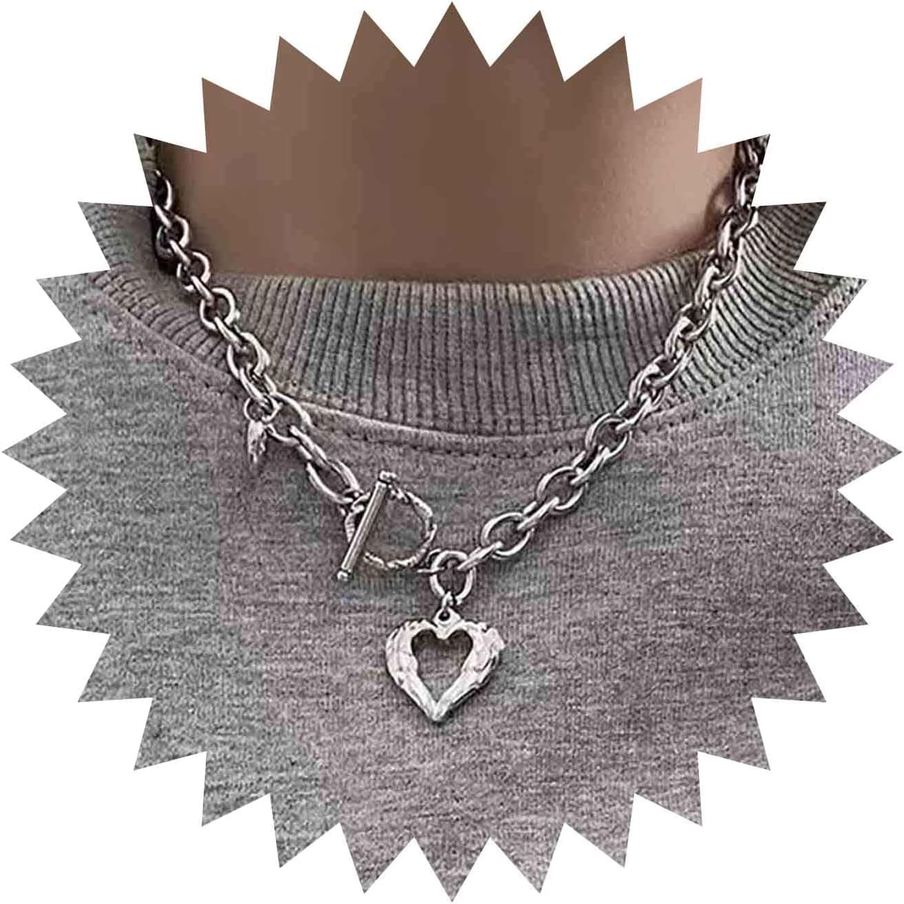 Andelaisi Boho Heart Pendant Necklace Vintage Hollow Heart Choker Necklace Silver Cuba Chain T Bar Choker Necklace Adjustable Chunky Chain Necklace Jewelry for Women