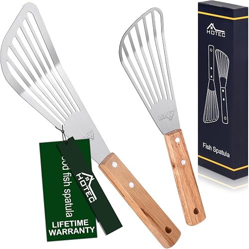 HOTEC 2-Pack Stainless Steel Fish Spatula, Wooden Handle