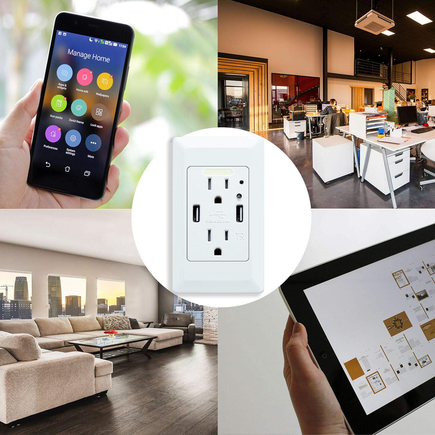 USB Outlet Receptacles With Night Light,GREENCYCLE 15-Amp Wall Outlets Duplex Receptacle With 2 Usb Ports 2 Electrical AC Outlets,High Speed 4.2A, Auto Mini Nightlight and Outlet Plates (White,3 Pack)