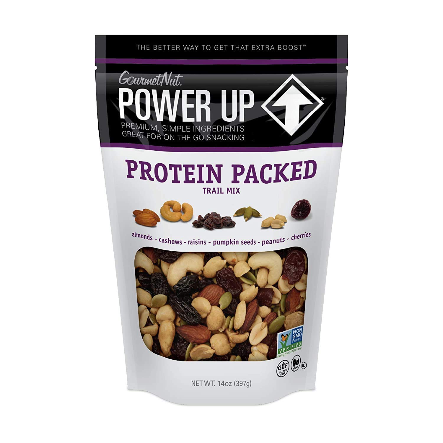 Power Up Premium Trail Mix - Protein Packed 14oz, No Added Sugar, Made Without Peanuts, Gluten Free, Vegan, Non-GMO