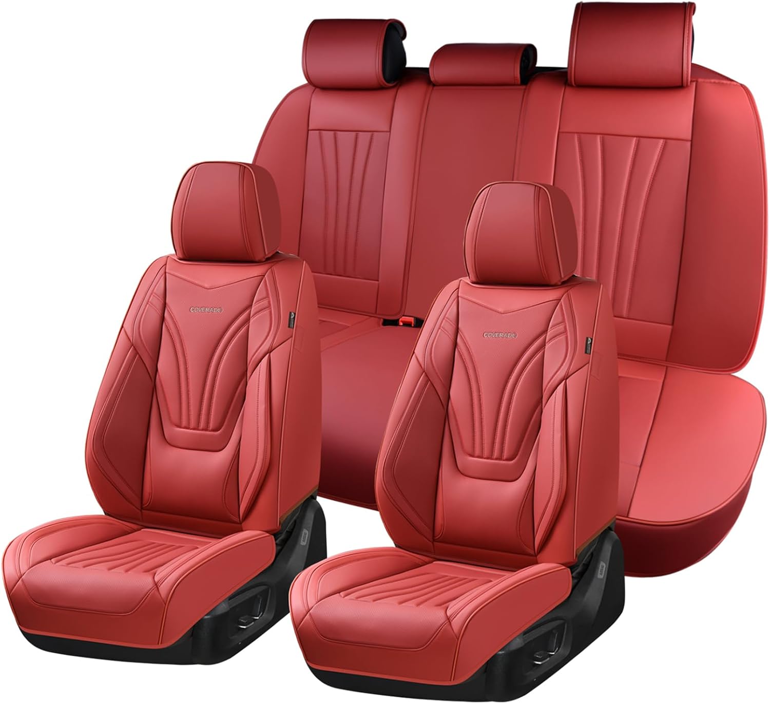 Coverado Car Seat Covers Full Set, 5 Piece Car Seat Protector with Lumbar Support & Removable Headrest, Breathable Leather Front Rear Seat Cushion Universal Fit for Truck Automotive Red