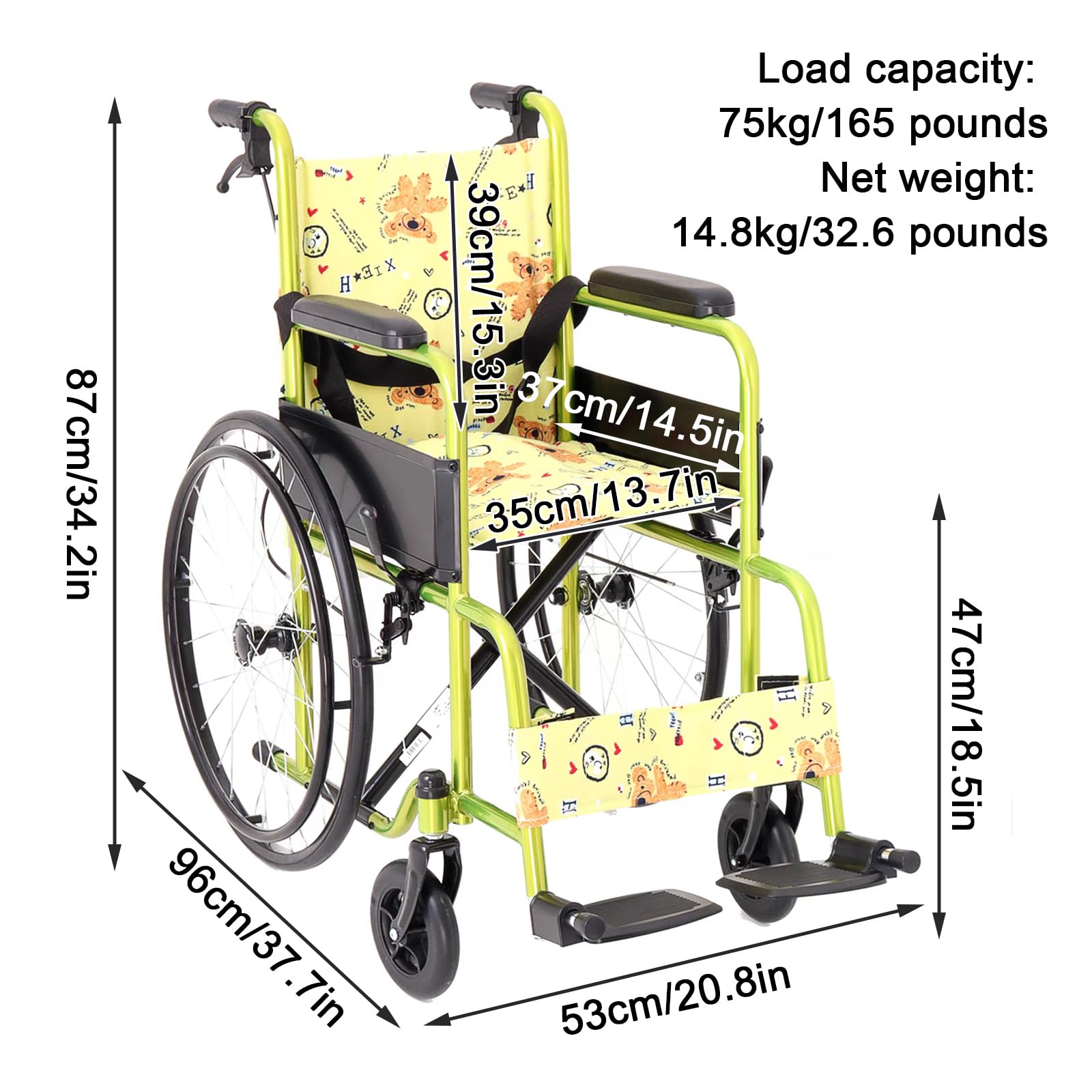 Silla De Ruedas para Niños, Silla De Ruedas De Transporte Plegable Ligera, diseño de Doble Freno, Freno Manual,reposapiés oscilante, Carga 75 kg(96 * 53 * 87cm/37.7 * 20.8 * 34.2in)