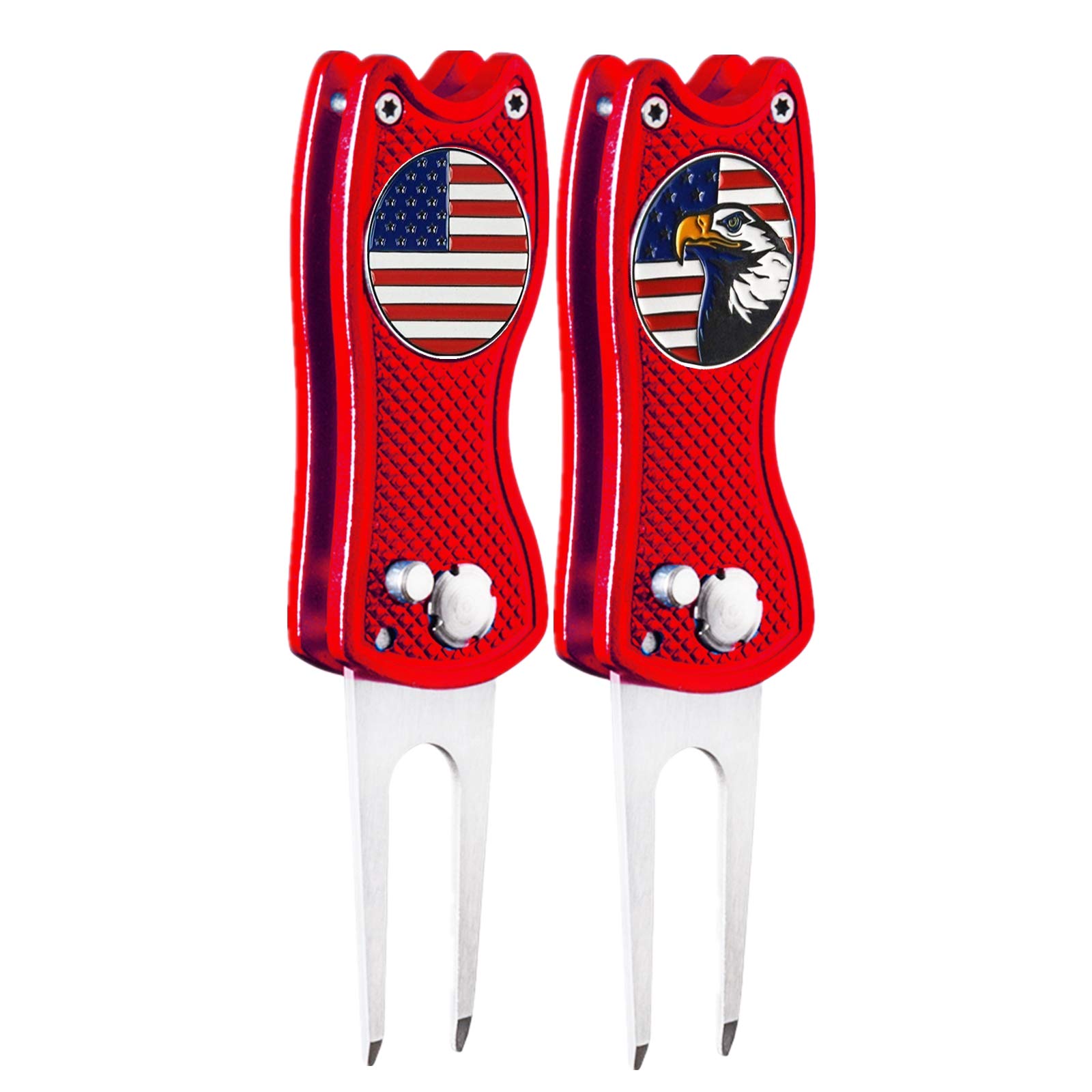 FINGER TEN Golf Divot Repair Tool and Ball Marker Switchblade Value Pack, Foldable Magnetic Stainless Steel with Pop-up Button for Men Women