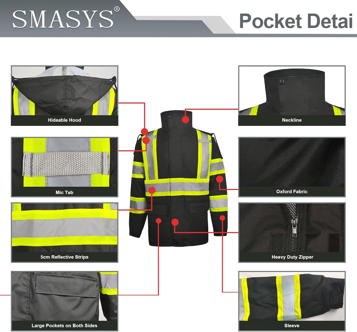 SMASYS Hi-Vis Reflective Safety Rain Jacket and Pants for Men Women Waterproof Rain Gears, High Visibility Rain Suit with Inner Mesh Lining and Pockets, Fishing Rain Gear Workwear (black, S) - Image 2