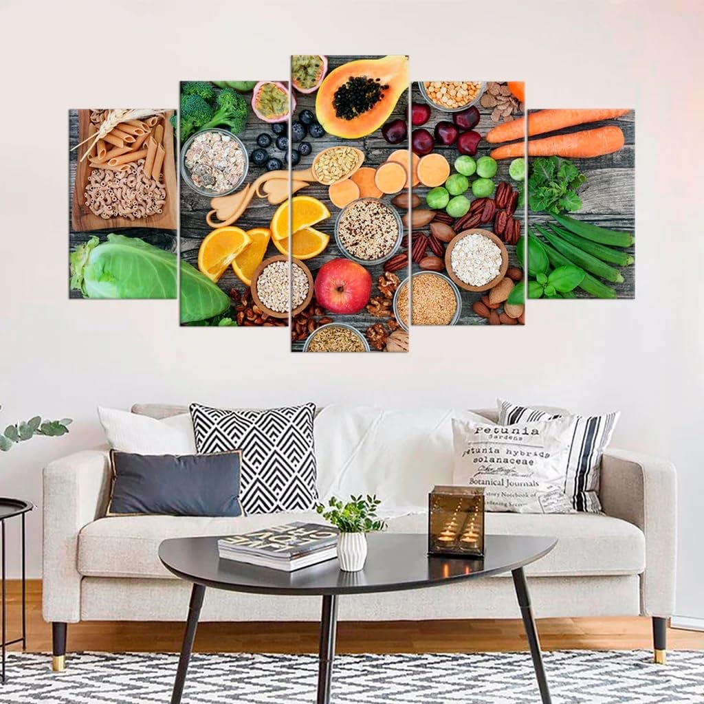 ZUROJ Set Quadri Pronti Da Appendere 5 Pannelli Canvas Quadri Cibi sani frutta e verdura Quadri Moderni Soggiorno Grandi Poster 5 Pannelli Per Arredare Casa Regalo