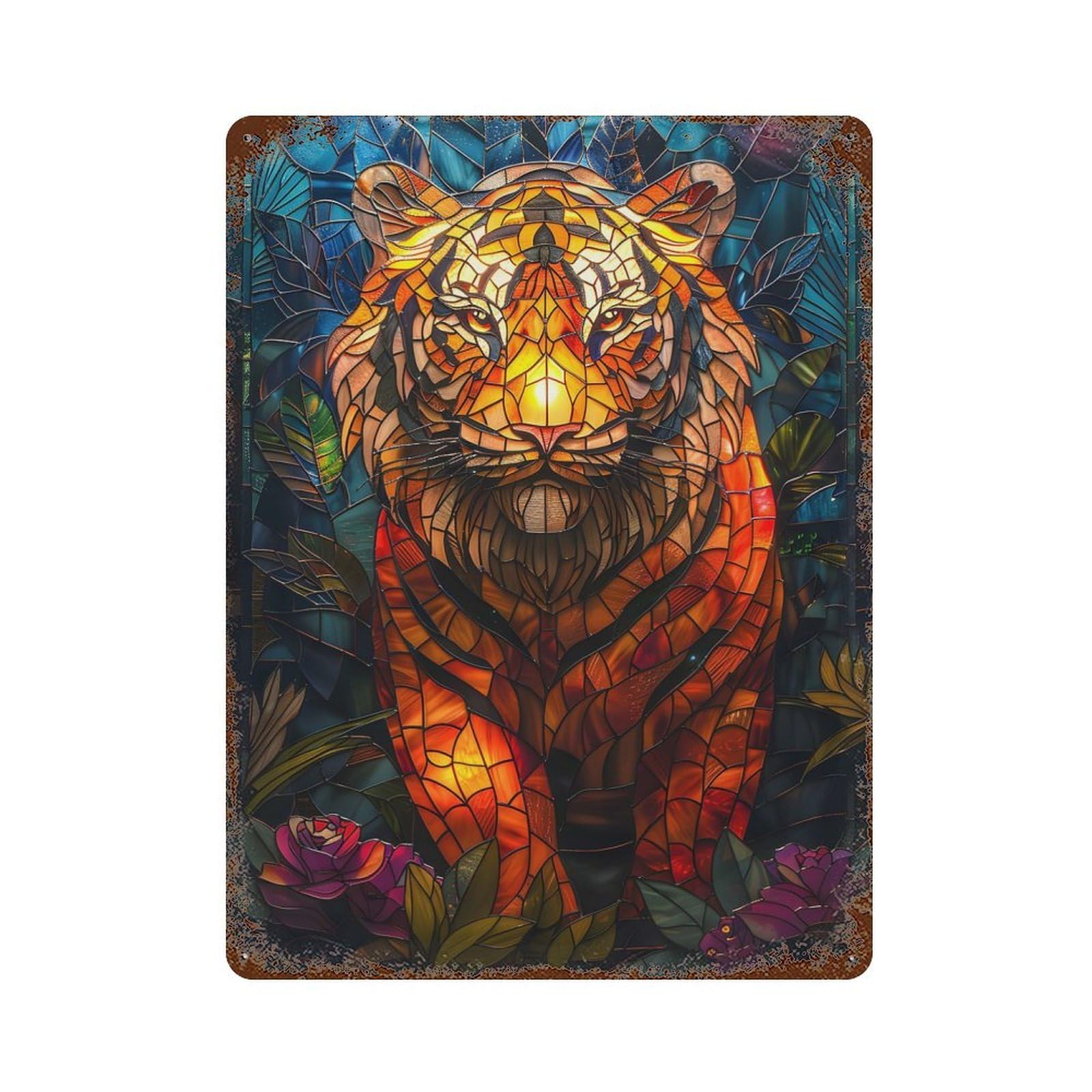 Tiger Stained Glass Art Weathered Tin Sign 15.7"x11.8", Ideal for Basement, Hobby Room And Garage Decor