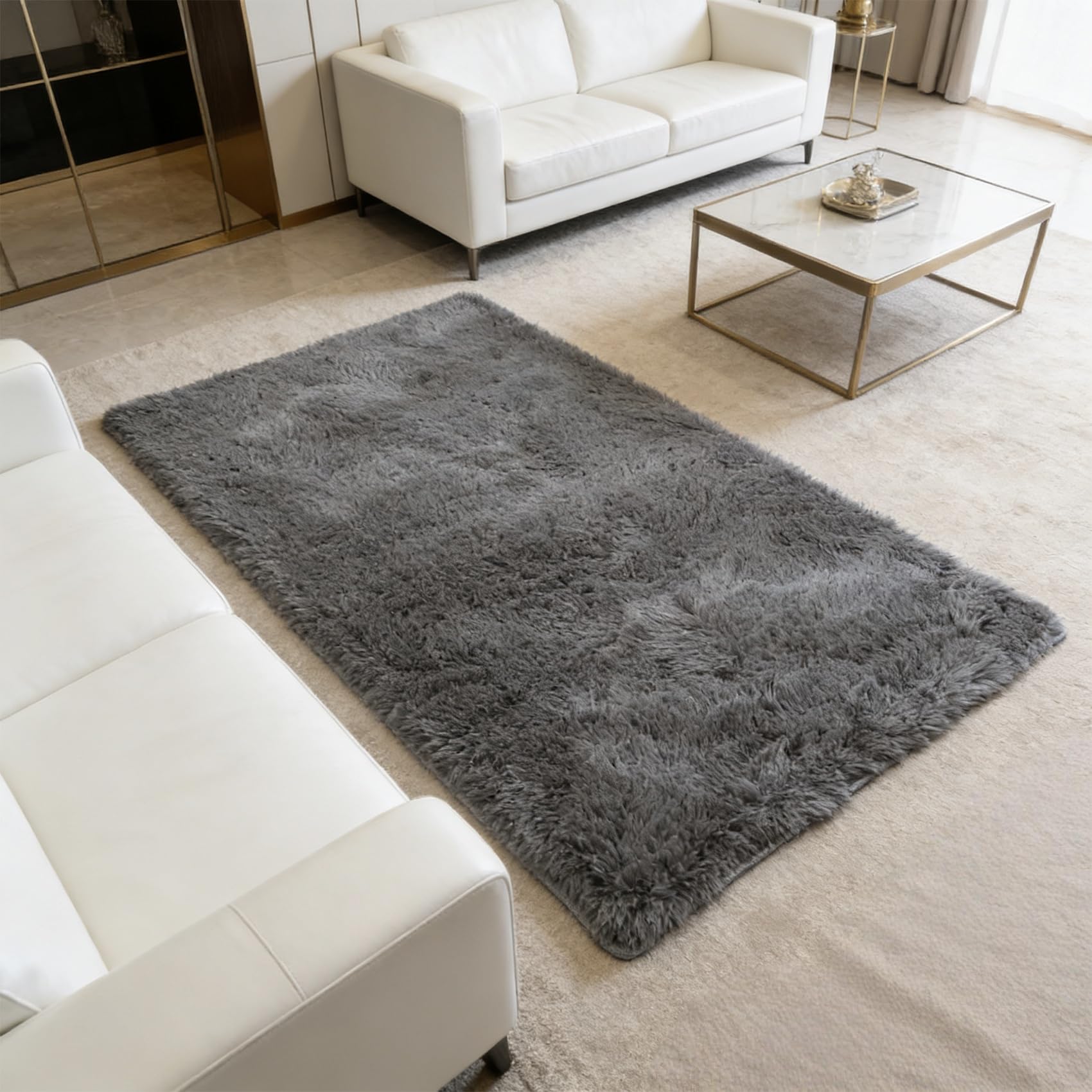 Tapis de salon gris 160x140 cm moelleux et moderne pour chambre
