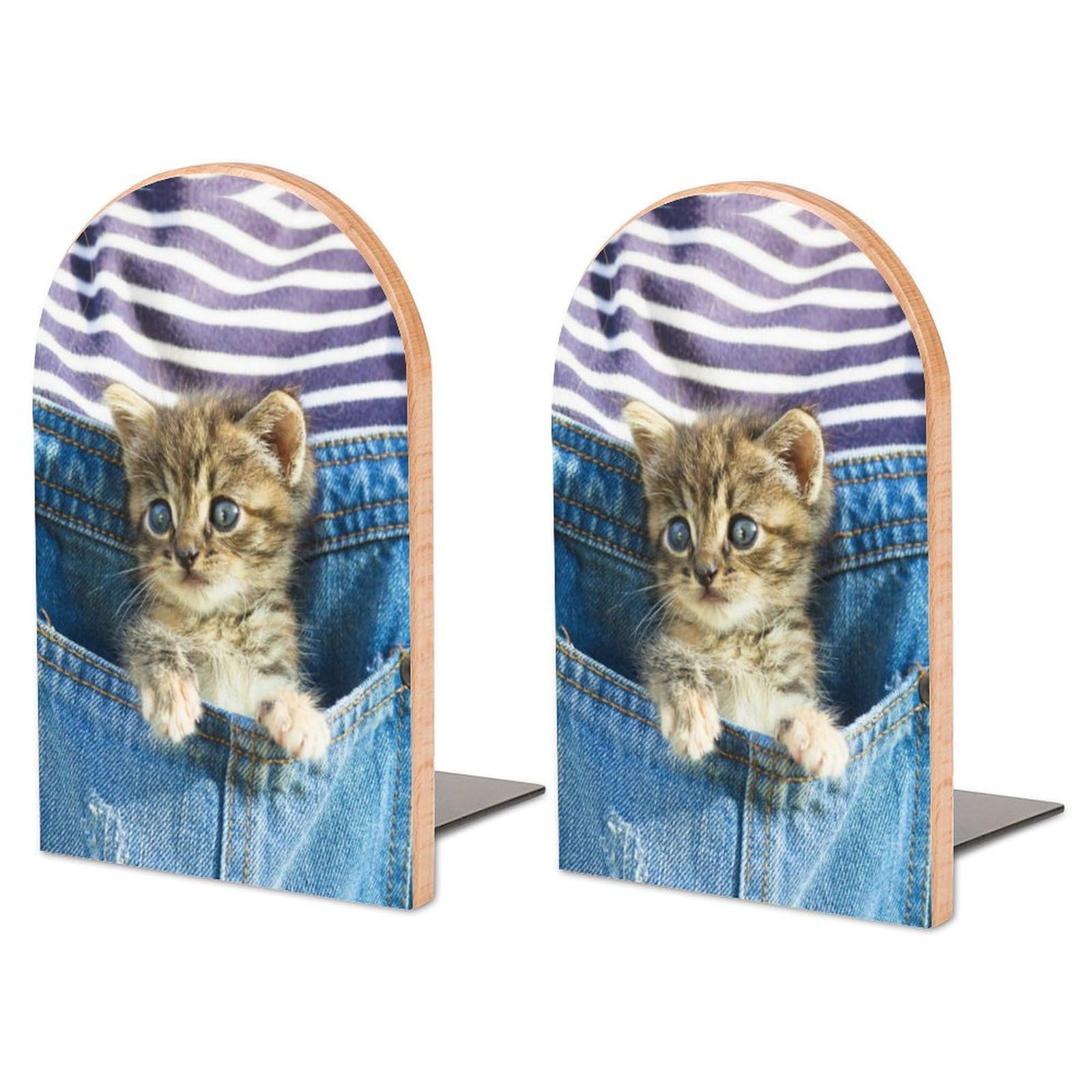 Cat Kitten in Pocket Book Ends Heavy Duty Wooden Bookends for Shelves to Hold Books Decorative Non-Skid Sturdy Book Holders for Home Office School