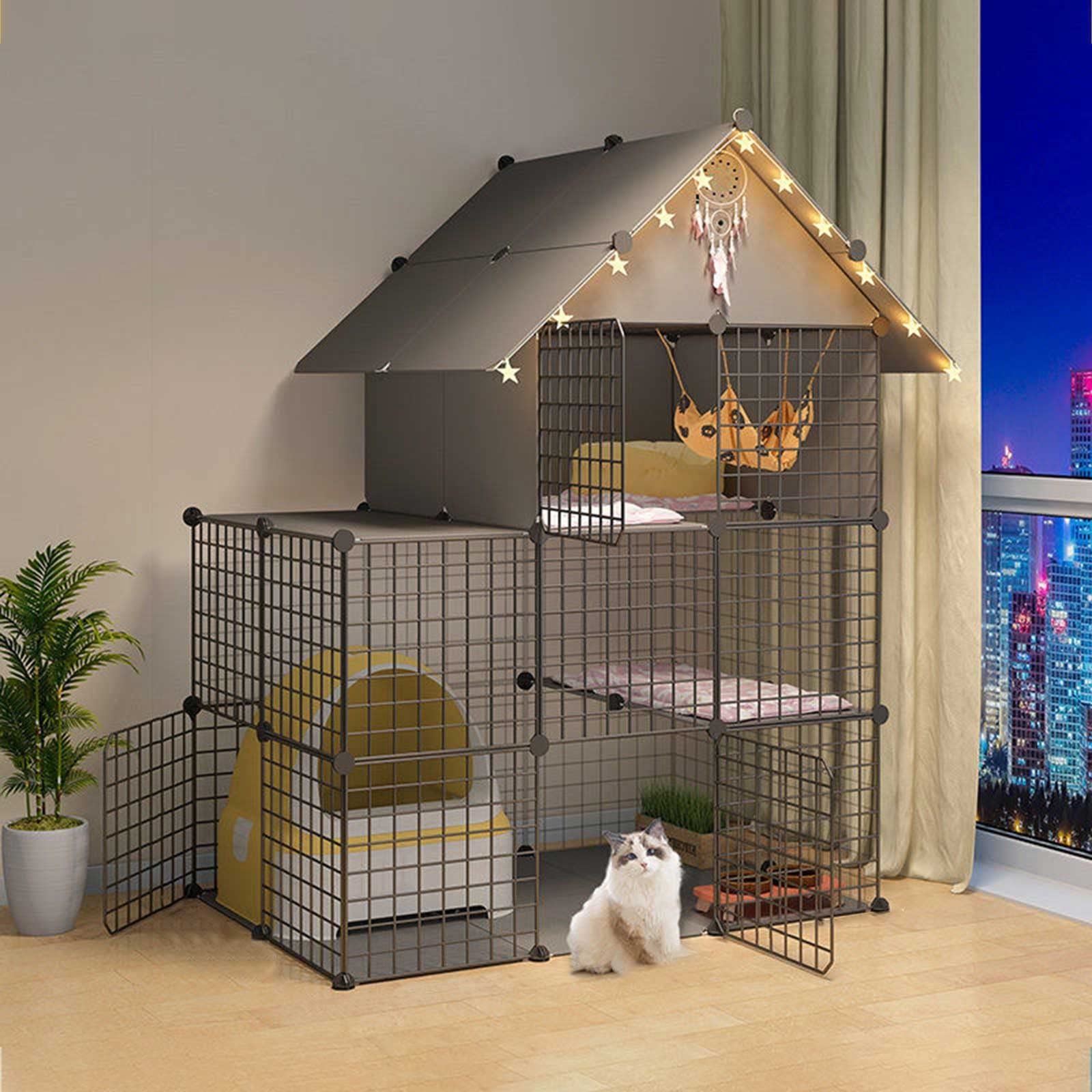 asdchZen Cat Cages Indoor - Cat Playpen Cat Enclosure Large Cat Crate Cat Kitten Playpen Ferret Cage Guinea Pig Cages Crates For S - For Small Animal,Puppies,Kitties,Black-111X75X146cm(B)