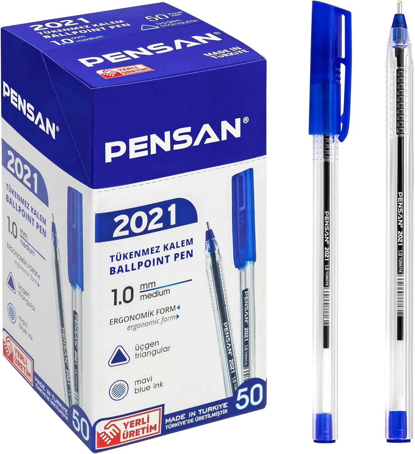 Pensan 2021 Ballpoint Pens, 1.0mm Medium Point, Ergonomic Triangular Grip, Pack of 50 Pens for Office & School (Blue)