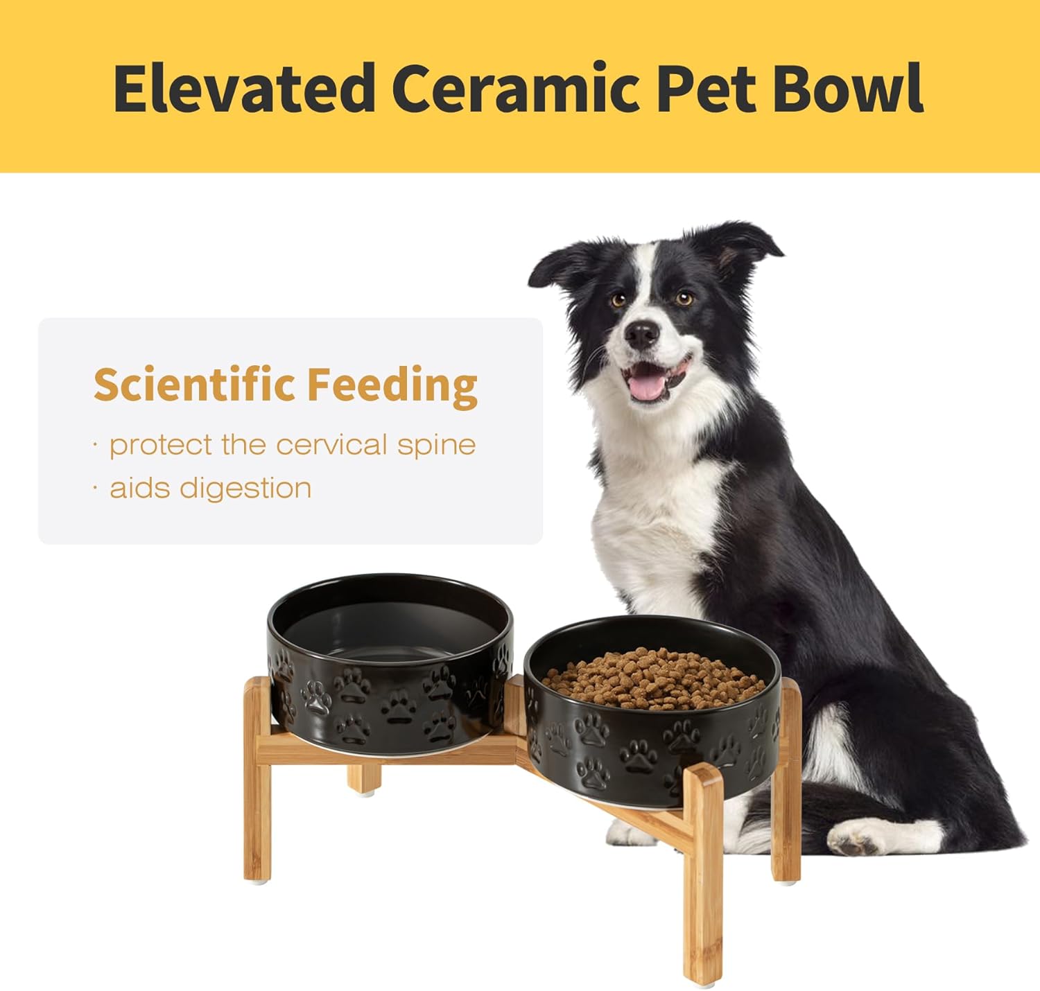 Elevated Ceramic Dog Bowls, 7.3" Dog Dishes with Stand, 5 Cup Elevated Food & Water Bowls for Medium Sized Dogs, Microwave Safe (Double Bowls + Stand - Black, 7.3 inch) - Image 3