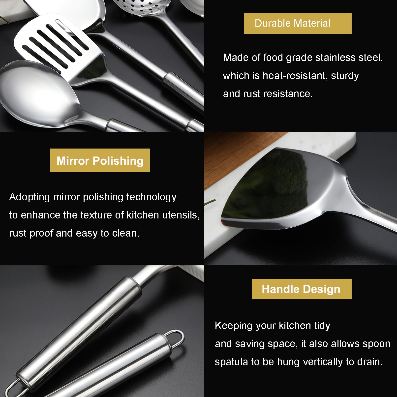 Set di 5 utensili da cucina, utensili da cucina in acciaio inox, resistenti al calore, set di utensili wok con cucchiaio scanalato, spatola scanalata, cucchiaio grande, zuppa, spatola