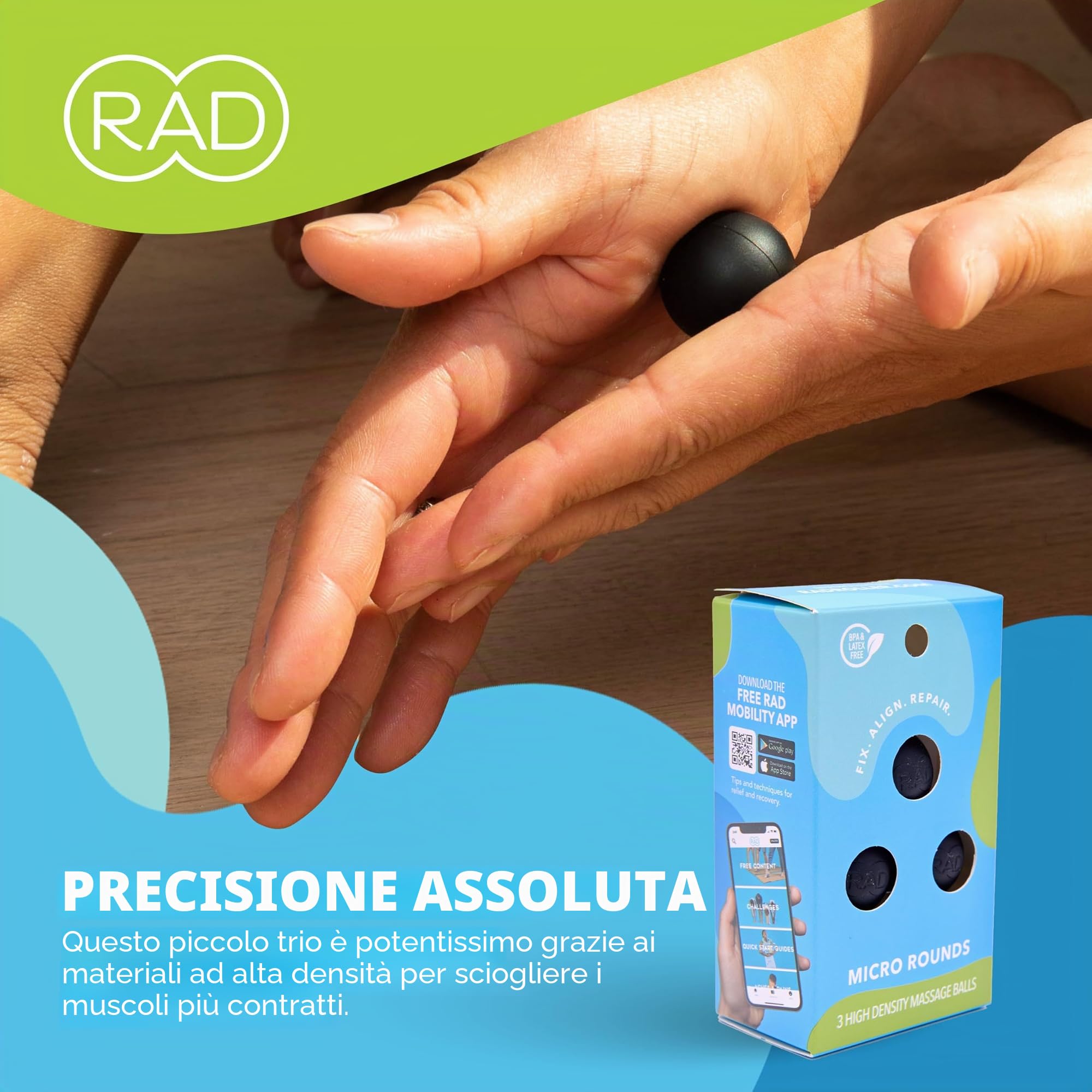 RAD Micro Rounds - Set di 3 palline per massaggio dei tessuti profondi da yoga (palline da 1,9 cm, rilascio miofasciale mirato per piedi, fascite plantare, mascella e mani, terapia