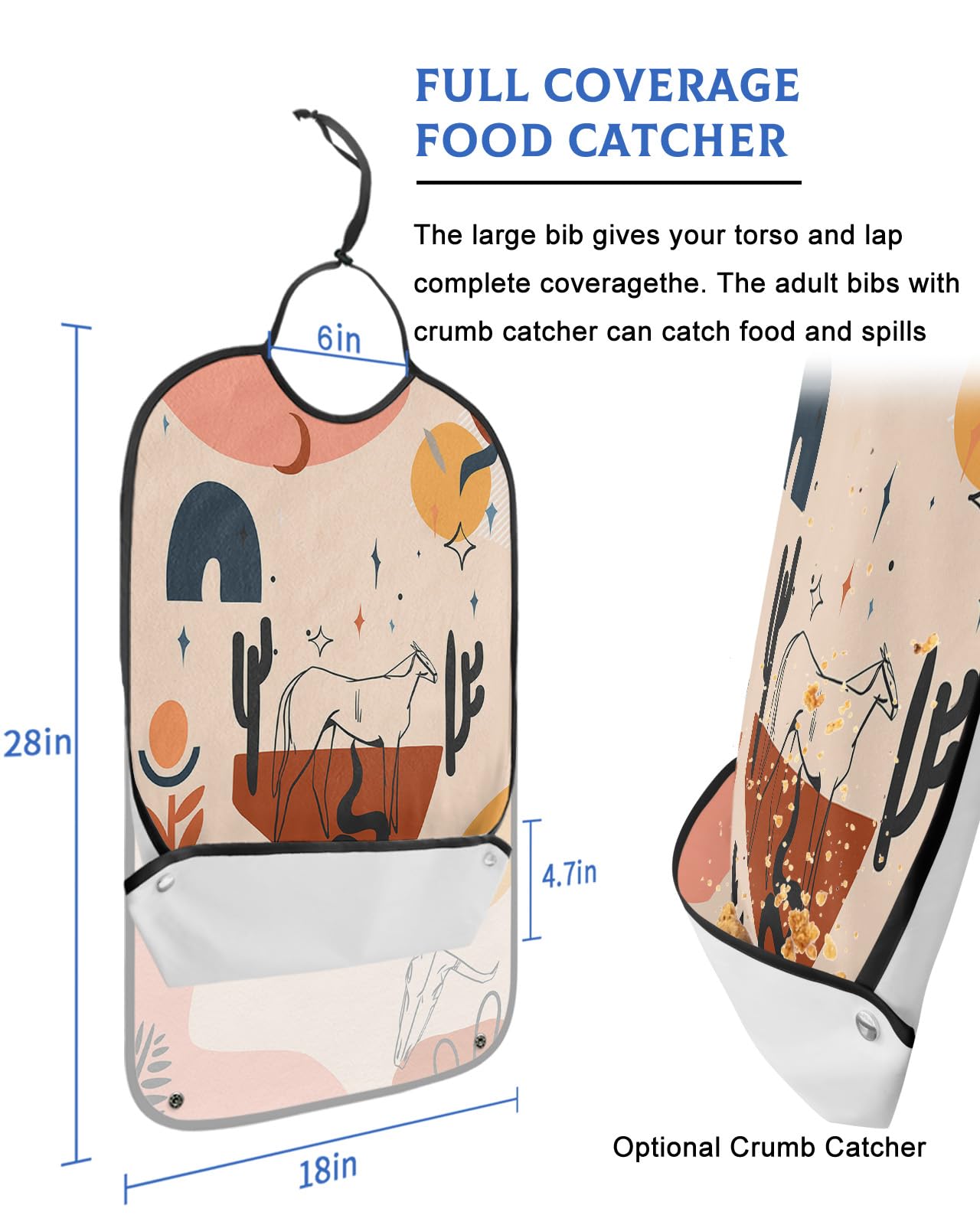 Western Bohomia Adult Bib for Eating with Crumb Catcher,Washable & Waterproof Terry Cloth Adjustable Elderly Women Men Adult Bibs Funny Apron Clothing Protector Vintage Cowboy Modern Horse Star Moon