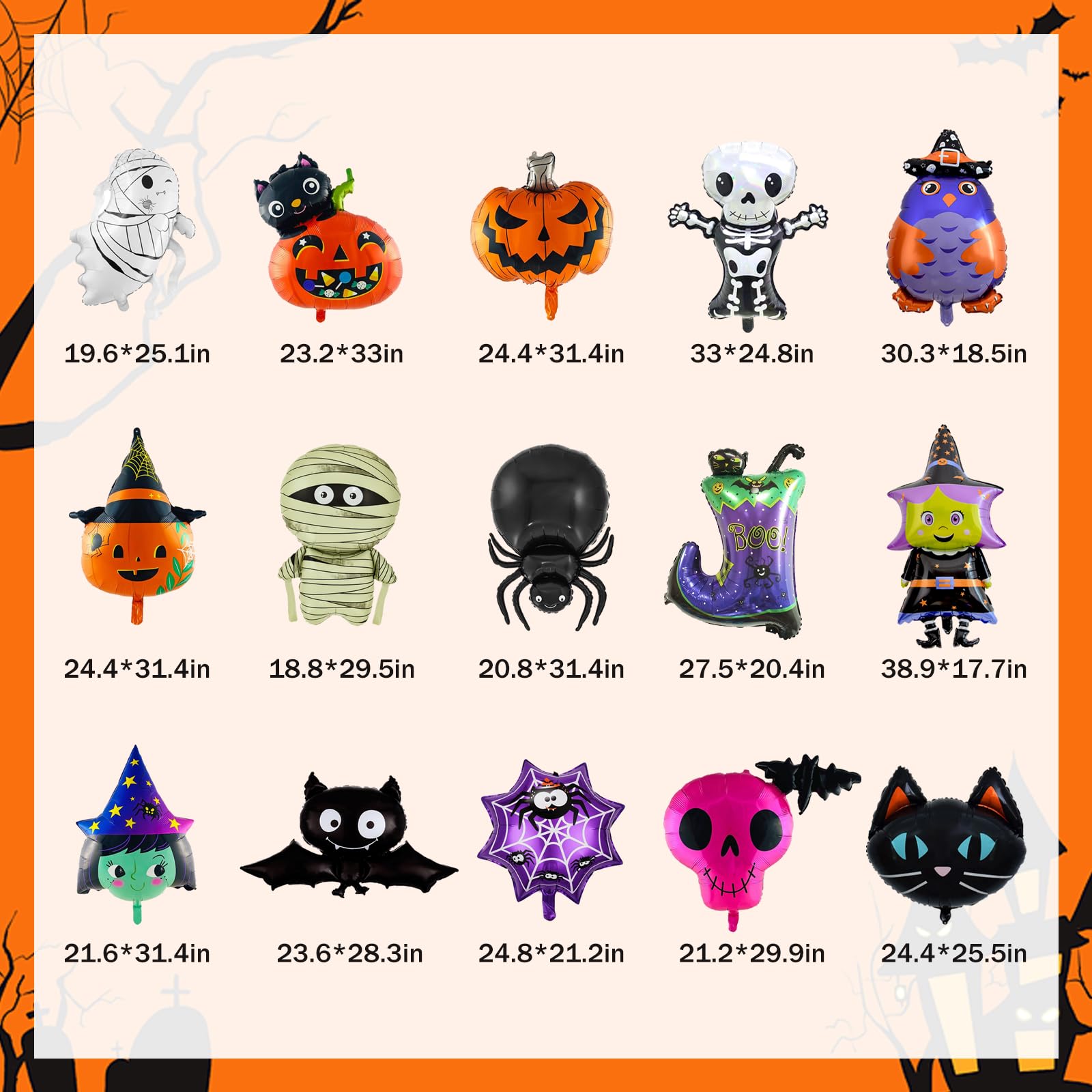 AYNKH 15PCS Oversized Halloween Foil Balloons, Pumpkin, Spider, Bat, Witch, Skeleton, Ghost Halloween Foil Balloons Set - Image 2