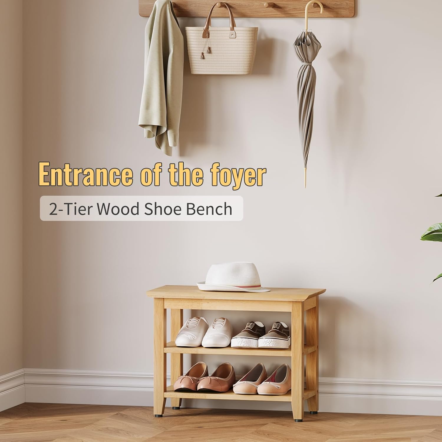 Wood Shoe Bench for Entryway,Bench with Shoe Rack,Storage Shoe Organizer for Hallway,Living Room,Bedroom (Natural, 23.62''W×11.81‘’D×17.71‘’H)