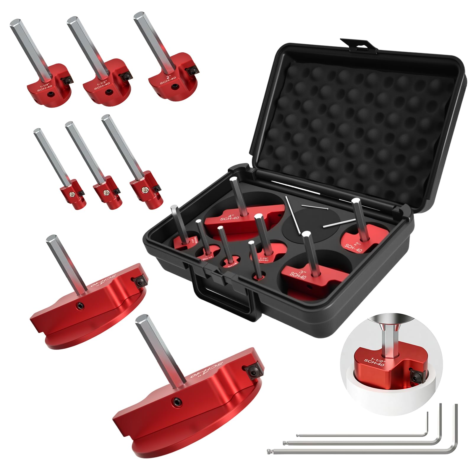 Qoobly 8 Pieces Plastic PVC Pipe Reamer Kit with 1/2'' 3/4'' 1'' 1-1/4'' 1-1/2'' 2'' 3'' 4''- PVC Fitting Saver Compatible with 1/2" Drills -Pipe Reamer Tool for SCH40 for CPVC ABS Pipes Repairs