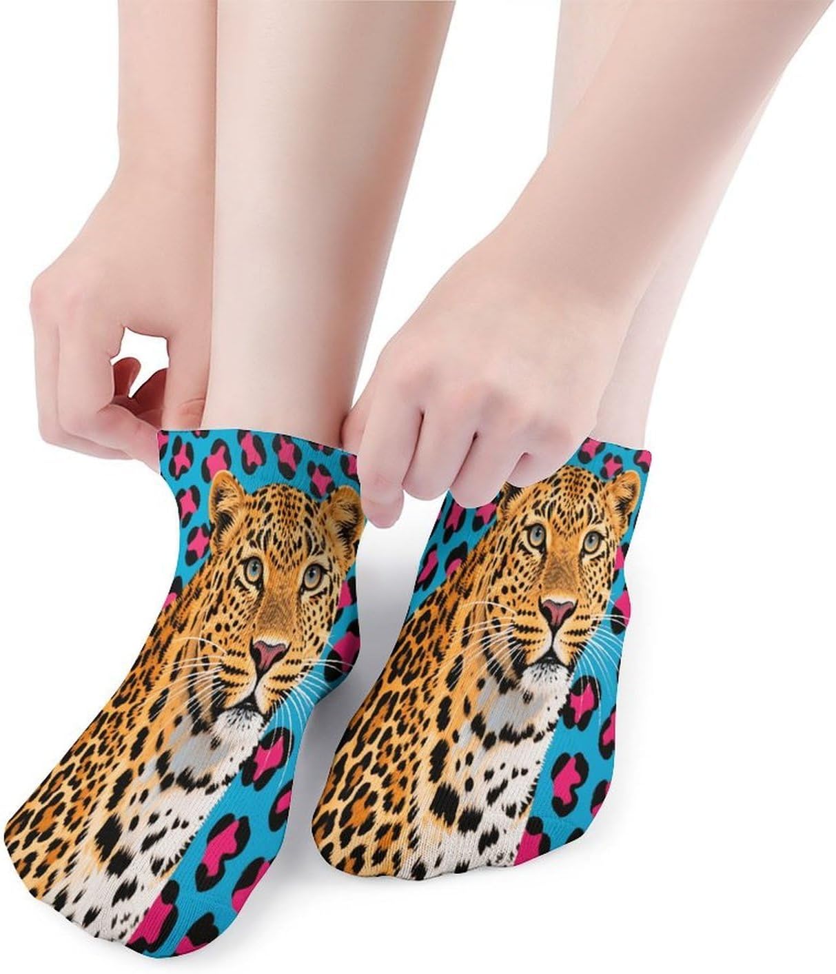 Leopard Print Ankle Sock,Cushioned Crew Socks Low Cut Compression Running Sock with Ankle Support for Men Women(5 Pairs)