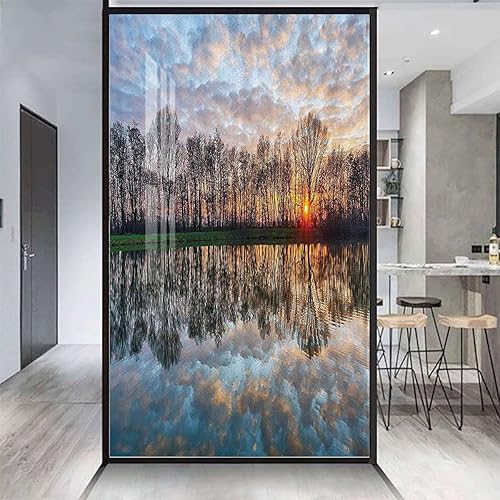 Película de privacidad multiadhesiva para ventana, lago y puesta de sol con espejo de cristal de agua y bosque, bloqueo de luz solar, para el hogar,