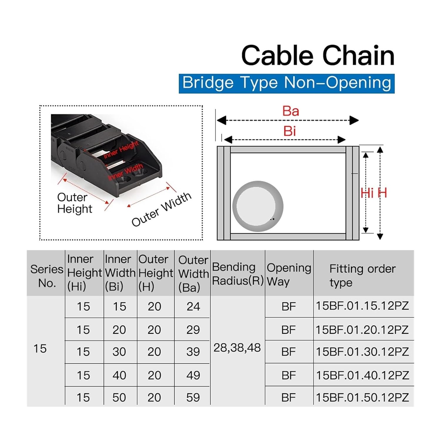 Cable Chains 15x15 15x20 15x30 15x40 mm Bridge Type Non-Opening Plastic Towline Transmission Drag Chain 1 Meter/Set(48mm,15x20 mm)