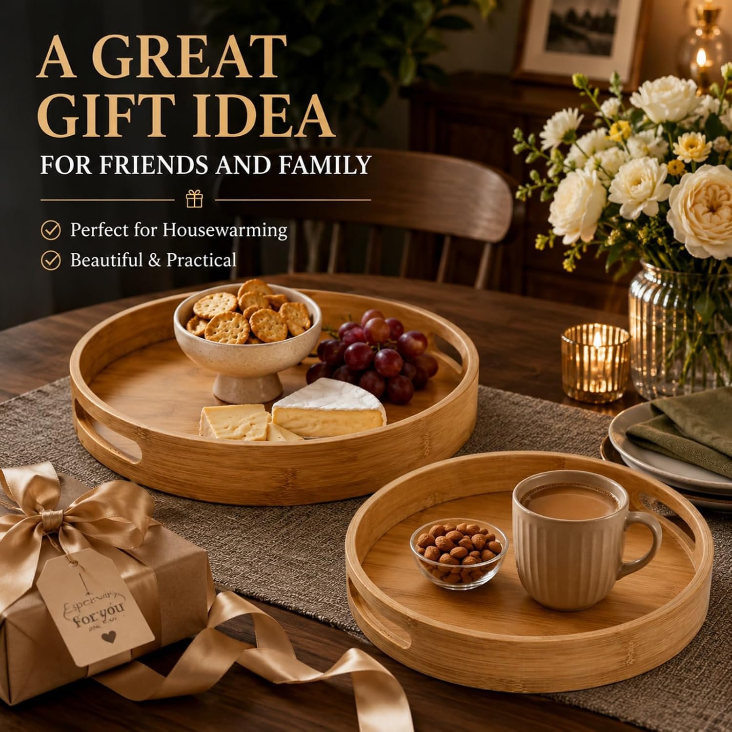 RHBLME 2 Pack Round Wood Tray - 12 Inch & 14 Inch, Handles, Decorative Ottoman Bamboo Serve Tray for Food, Cocktail, Drink