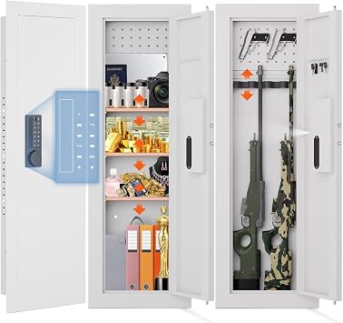 47.24" Large In Wall Safe, Hidden Wall Gun Safe with Backlit Keypad, Pry-Proof Steel Door, In Wall Home Safe with Pegboard, 4-Gun Magnetic Slot & Adjustable Shelves, Fits 16" Studs, White