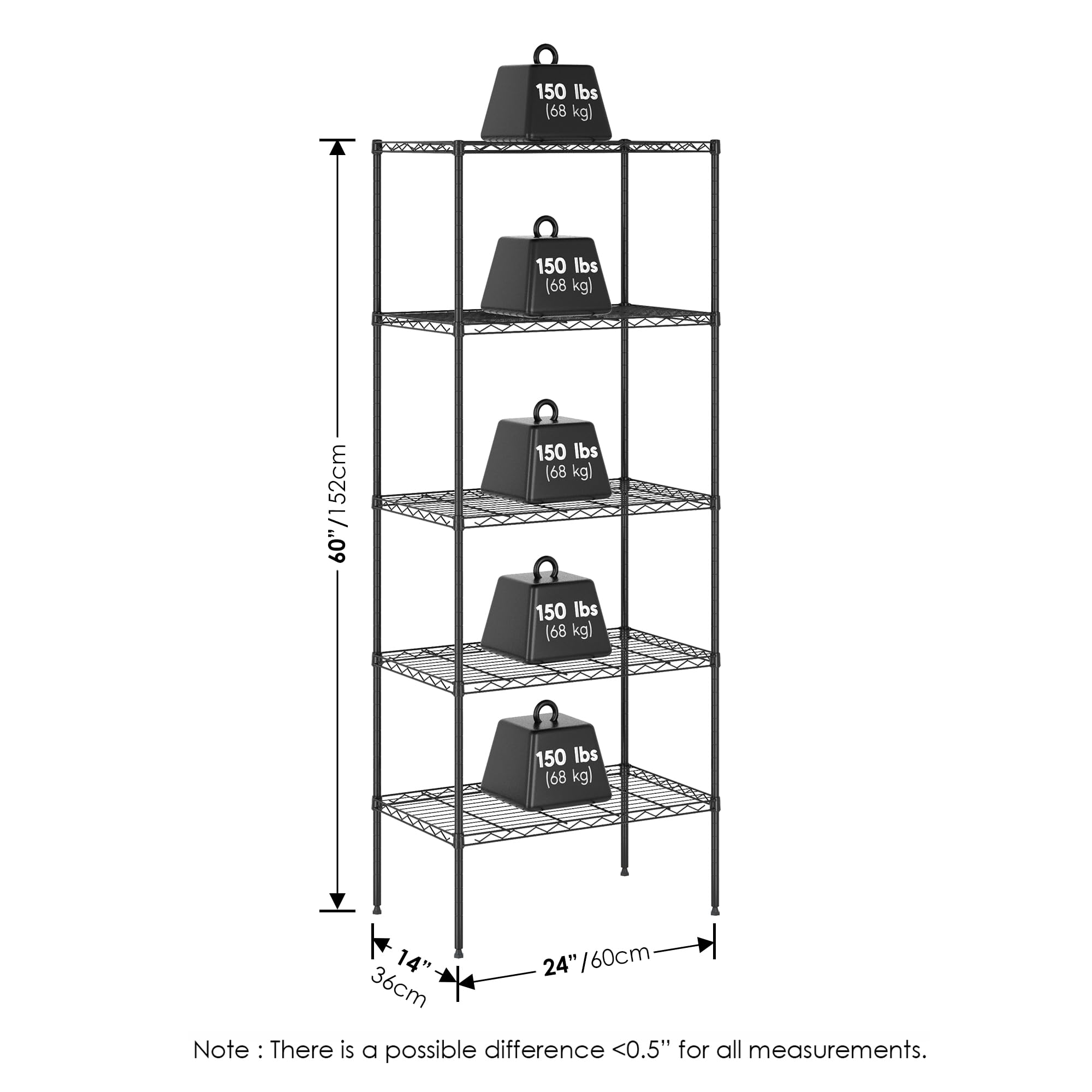 Furinno Wayar - Estante de Almacenamiento de Metal de 5 Niveles, 24 x 14 x 60, Color Negro