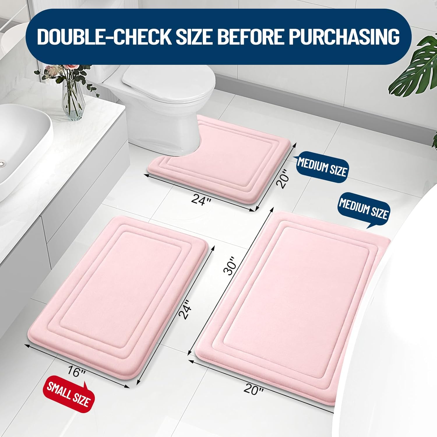 Grandaily Memory Foam Bath Mat Rug 30x20, Ultra Soft, Non-Slip and Absorbent Bathroom Rugs, Machine Wash Dry, Comfortable Bath Carpet for Bathroom Floor, Tub and Shower, Pink