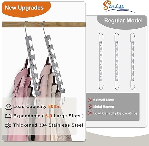 Miniatura 5 de Sindax Perchas telescópicas que ahorran espacio, 6 agujeros, se ajustan a 9 agujeros, perchas de metal resistentes mejoradas, ahorro de espacio para
