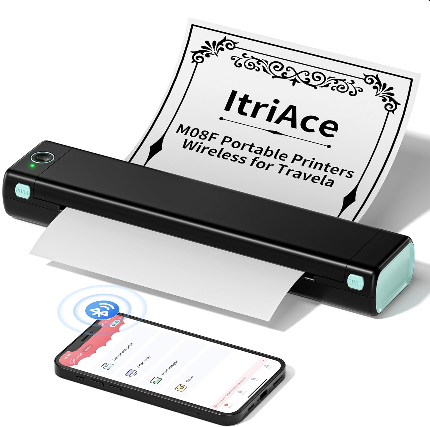 Portable Printers Wireless for Travel, M08F Portable Printer, Inkless Thermal Printer Support 8.5'' x 11'' US Letter Paper for Home, Offfice, School, Compatible with Android, iOS Phone & Laptop