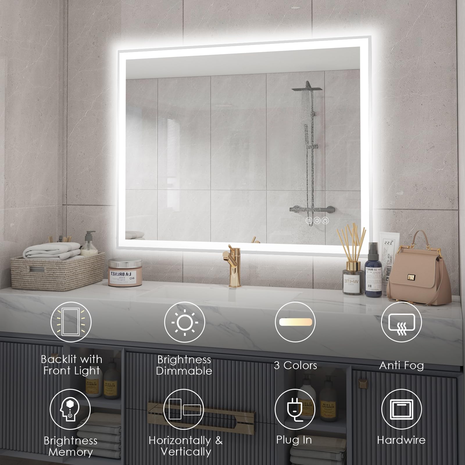 WOSEKBATHAL LED Bathroom Mirror, 40X32 Inches Lighted Mirror for Bathroom Wall Mounted with Anti-Fog & 3 Colors Dimmable Front lit & Backlit